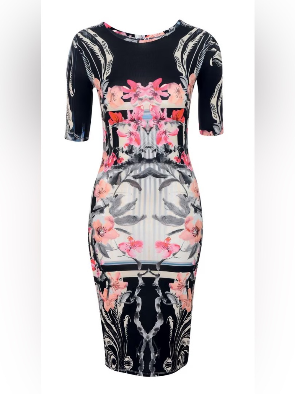 Topshop Black Midi Dress with Pink Floral Print